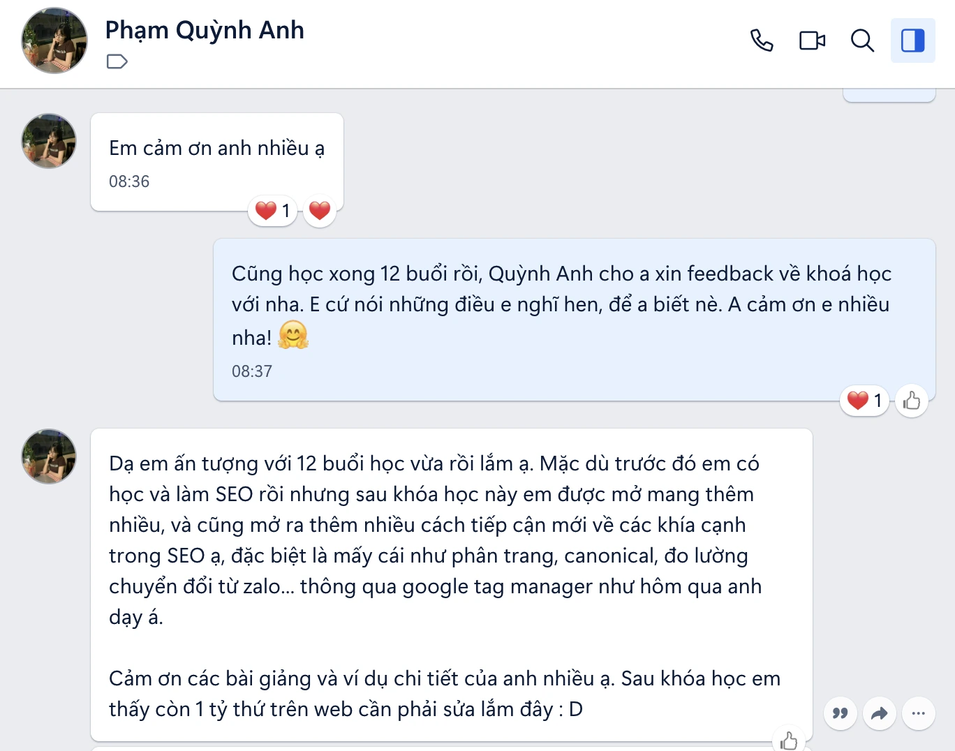 Phản hồi khóa học SEO Google Tag Manager Quỳnh Anh