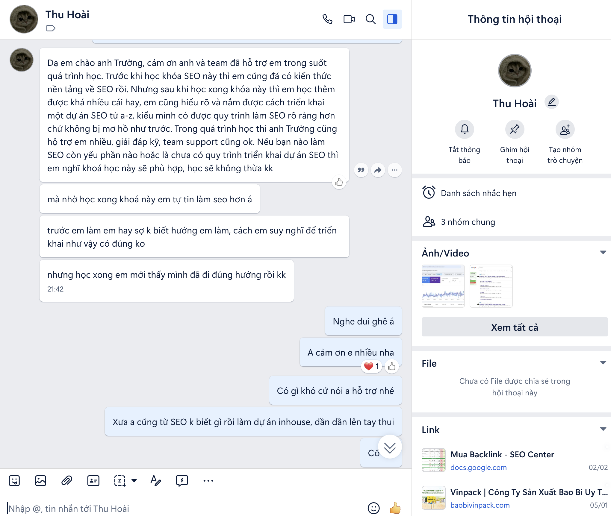 Phản hồi khóa học SEO học viên Thu Hoài