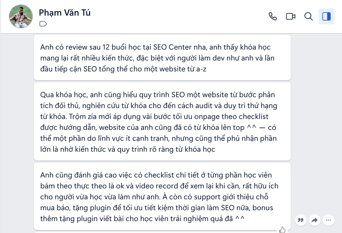 Review chi tiết khóa học SEO học viên Phạm Văn Tú