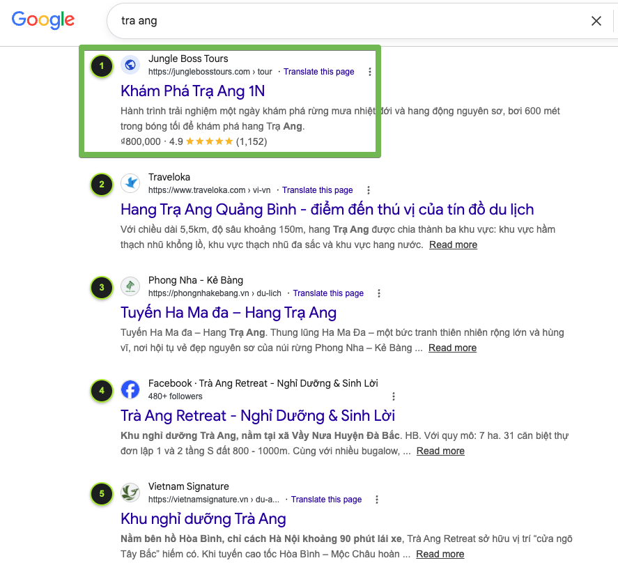 Thứ hạng Top 1 Google khám phá Trạ Ang Jungle Boss