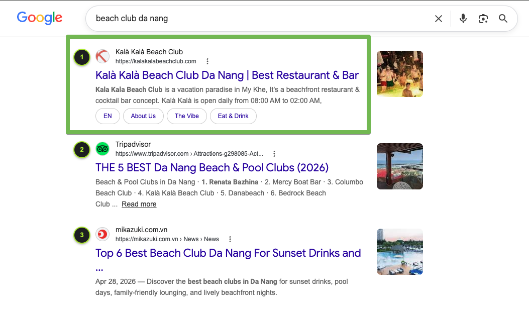 Thứ hạng Top 1 Google từ khóa beach club da nang