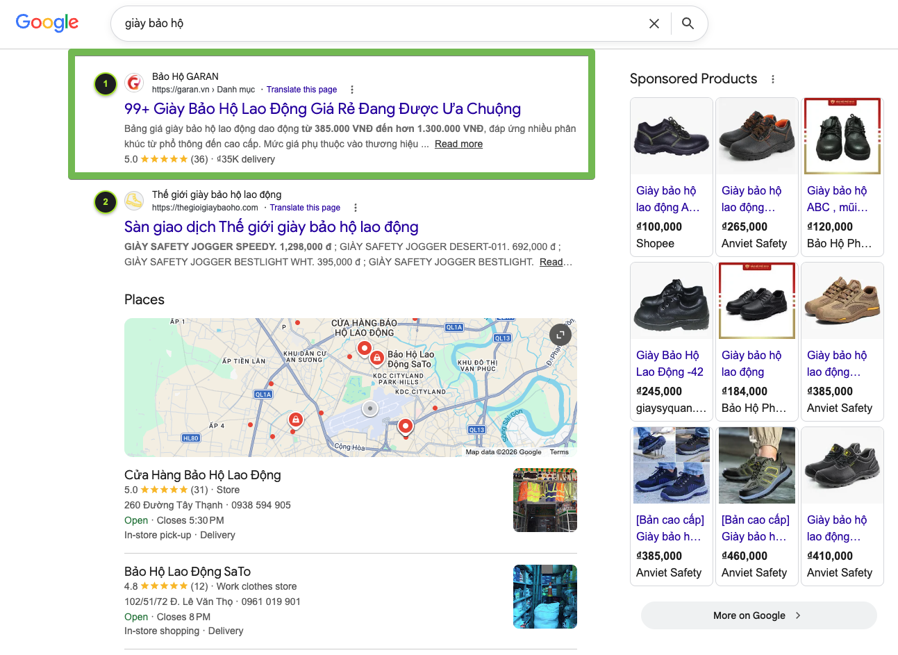 Thứ hạng Top 1 Google từ khóa giày bảo hộ Garan