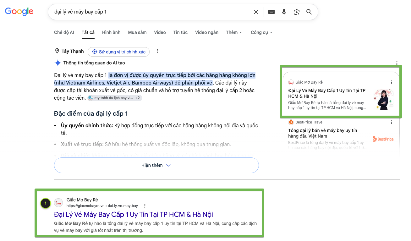 Thứ hạng Top 1 Google và AI Overview đại lý vé máy bay