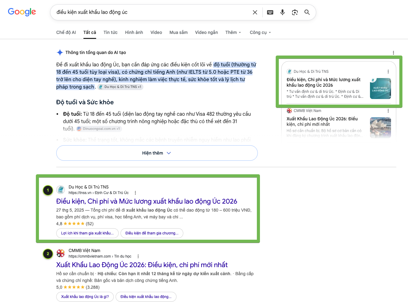 Thứ hạng Top 1 Google và AI Overview điều kiện xuất khẩu lao động Úc