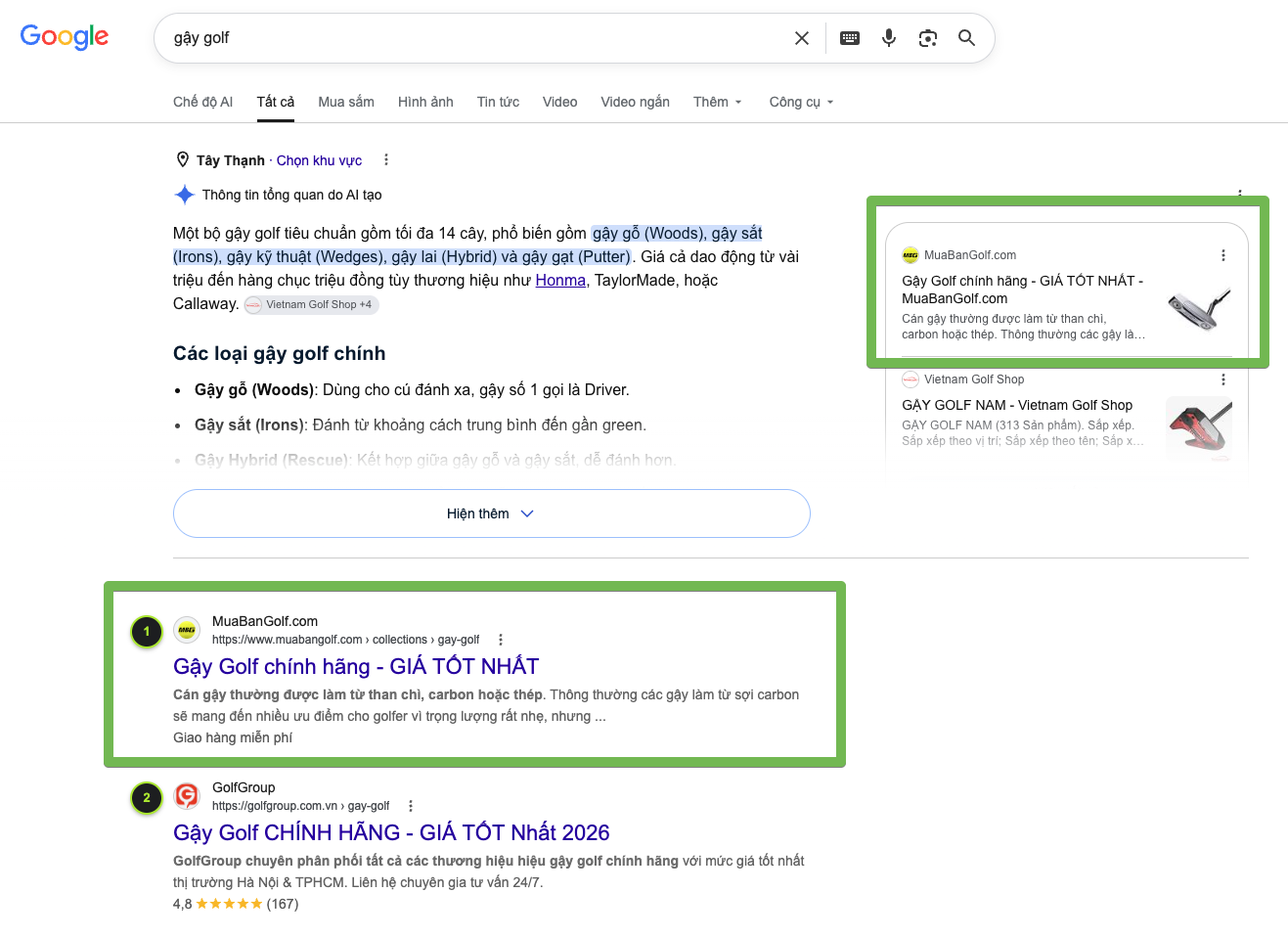 Thứ hạng Top 1 Google và AI Overview gậy golf