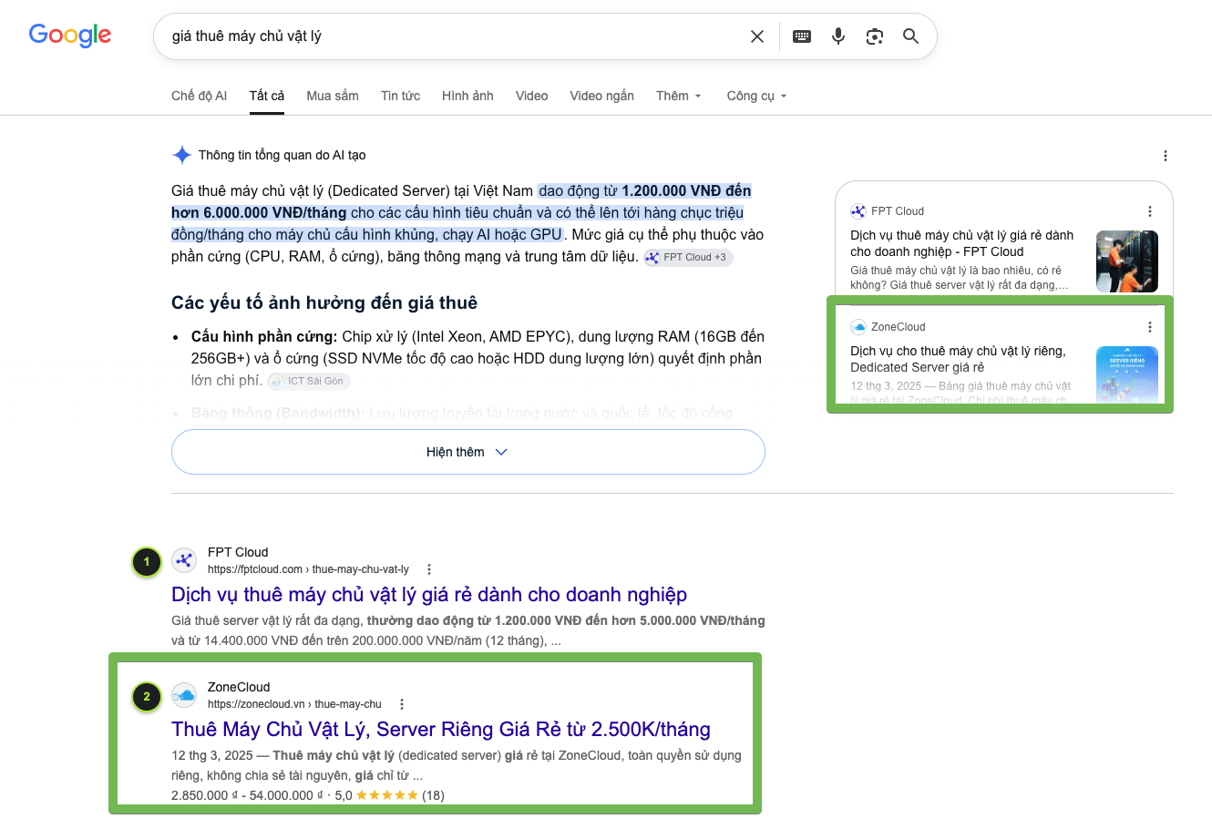 Thứ hạng Top 2 Google giá thuê máy chủ vật lý ZoneCloud
