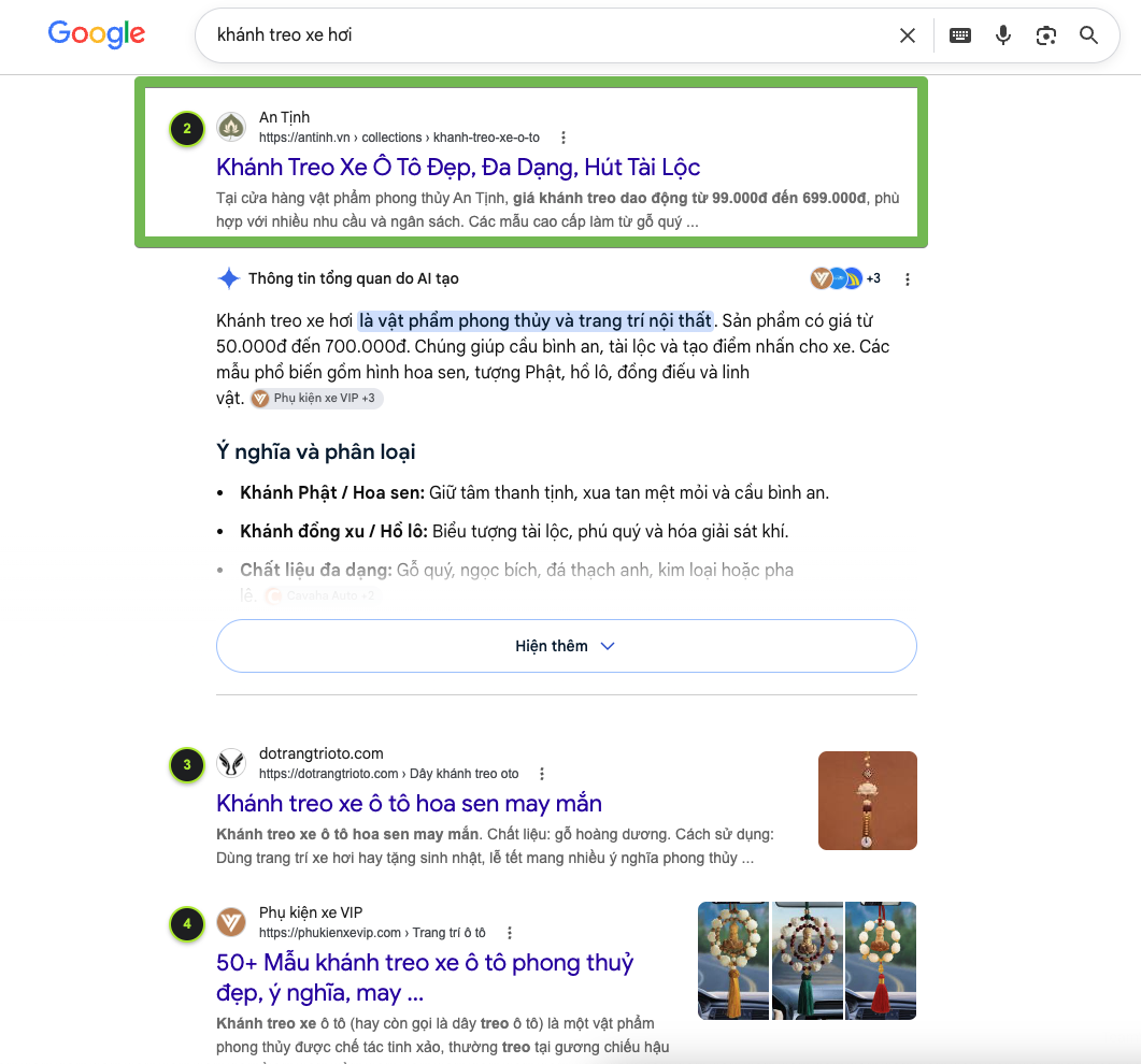 Thứ hạng Top 2 Google khánh treo xe hơi An Tịnh