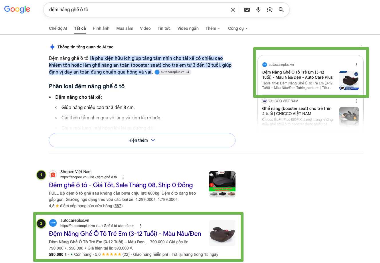 Thứ hạng Top 2 Google và AI Overview đệm nâng ghế ô tô
