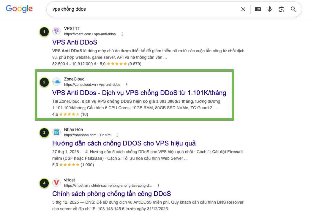 Thứ hạng Top 2 Google VPS chống DDoS ZoneCloud