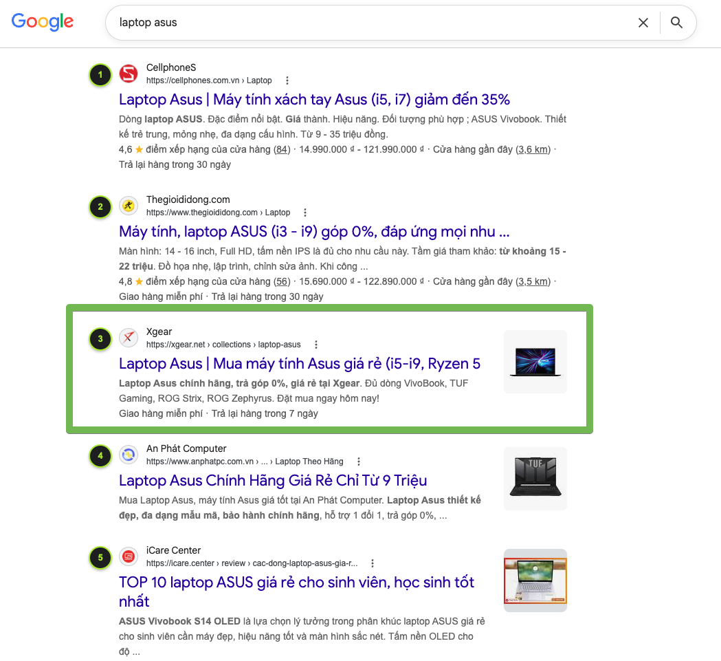 Thứ hạng Top 3 Google laptop Asus Xgear