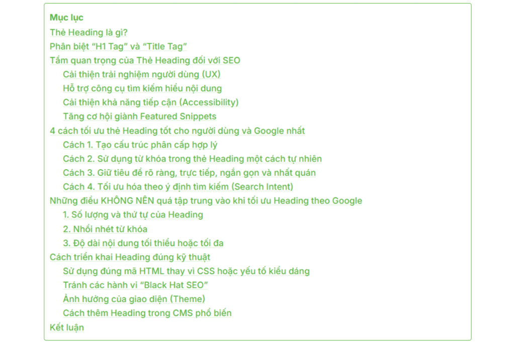Thẻ Heading là gì? 4 Cách tối ưu và 3 điều cần tránh khi tối ưu thẻ Heading tốt cho Google nhất 2 Tạo cấu trúc phân cấp hợp lý từ H1, H2, h3, H4,
