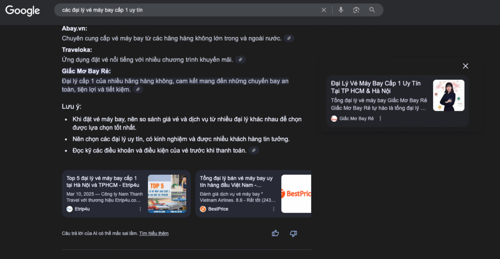 Giấc Mơ Bay Rẻ đã sử dụng giải pháp "AI-Friendly SEO Framework" và được Gemini đề xuất ngoài SERPs