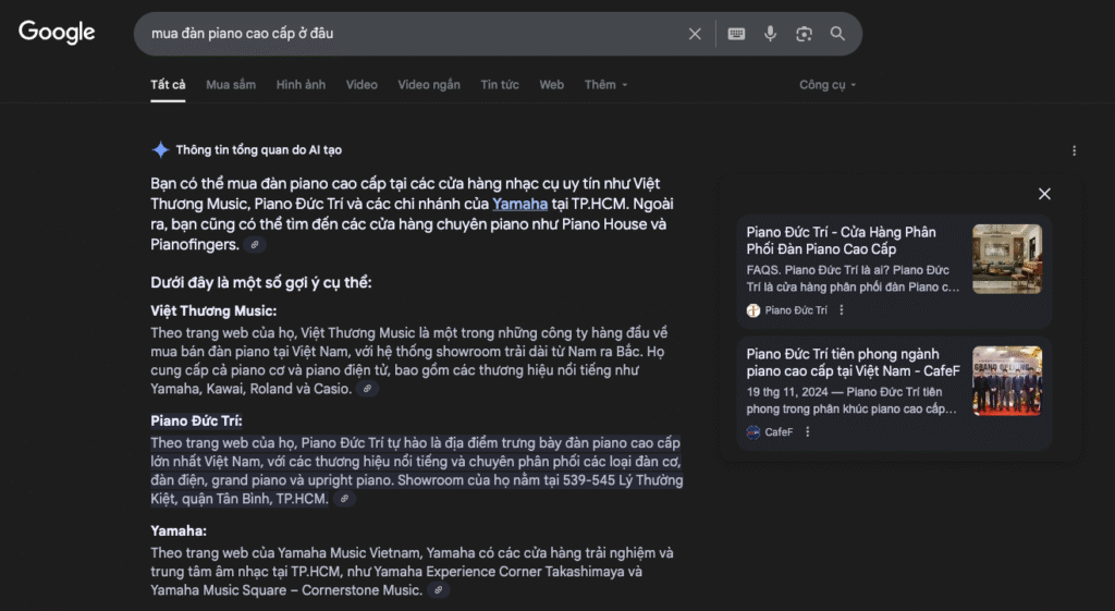 Piano Đức Trí đã sử dụng giải pháp "AI-Friendly SEO Framework" và được Gemini đề xuất ngoài SERPs