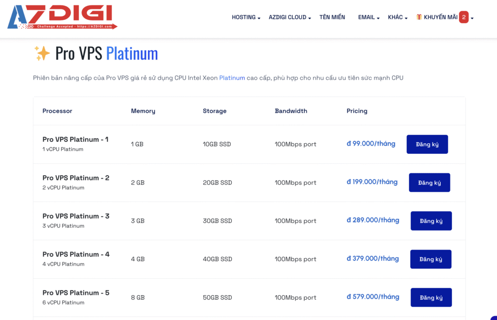 Nên thuê VPS ở đâu uy tín? Top 20 VPS giá rẻ tốt nhất 2025 2 VPS giá rẻ của AZDIGI, cụ thể là gói VPS Pro Platinum, được đánh giá là lựa chọn tốt cho các trang web nhỏ và vừa nhờ hiệu năng ổn định từ CPU Intel Xeon Platinum, ổ cứng NVMe RAID-10, và tốc độ truy cập nhanh tại Việt Nam. Dù giá có phần cao hơn các nhà cung cấp nước ngoài, AZDIGI bù đắp bằng chất lượng dịch vụ, hỗ trợ khách hàng 24/7 xuất sắc, cùng với các tính năng hữu ích như sao lưu dữ liệu hàng tuần và tặng kèm theme/plugin WordPress, mang lại giá trị tốt so với mức giá.