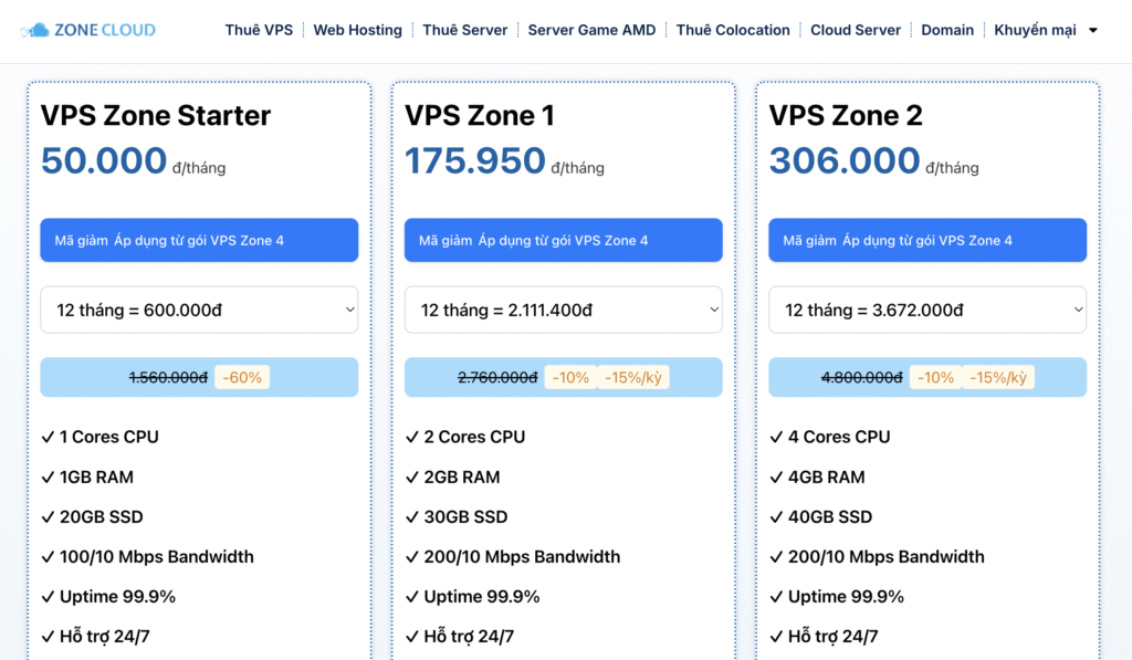 Nên thuê VPS ở đâu uy tín? Top 20 VPS giá rẻ tốt nhất 2025 3 VPS giá rẻ của ZoneCloud nhìn chung là một lựa chọn tốt cho nhu cầu cơ bản và tối ưu chi phí, với các điểm mạnh về hạ tầng mạnh mẽ, giá cả cạnh tranh, hỗ trợ kỹ thuật 24/7 và cam kết uptime 99.9%. Tuy nhiên, hiệu suất và dịch vụ có thể thay đổi tùy thuộc vào cấu hình cơ bản của gói giá rẻ, nên bạn cần đánh giá kỹ lưỡng nhu cầu sử dụng của mình để xem có phù hợp không.