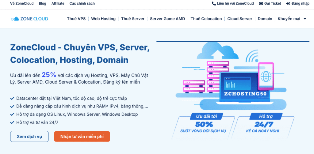 (Review) Đánh giá ZoneCloud: Hosting và VPS có tốt không? 1 Trên thị trường, ZoneCloud định vị mình là nhà cung cấp giải pháp hạ tầng toàn diện, tập trung vào các dịch vụ cốt lõi như Web Hosting, VPS, Dedicated Server, Server AMD, Cloud Server, Colocation và Domain. Với định hướng “không chỉ cung cấp dịch vụ, mà đồng hành cùng khách hàng phát triển”, ZoneCloud đang trở thành lựa chọn đáng cân nhắc cho cá nhân, doanh nghiệp vừa và nhỏ, cũng như các tổ chức cần hạ tầng mạnh mẽ và ổn định để phát triển kinh doanh online.