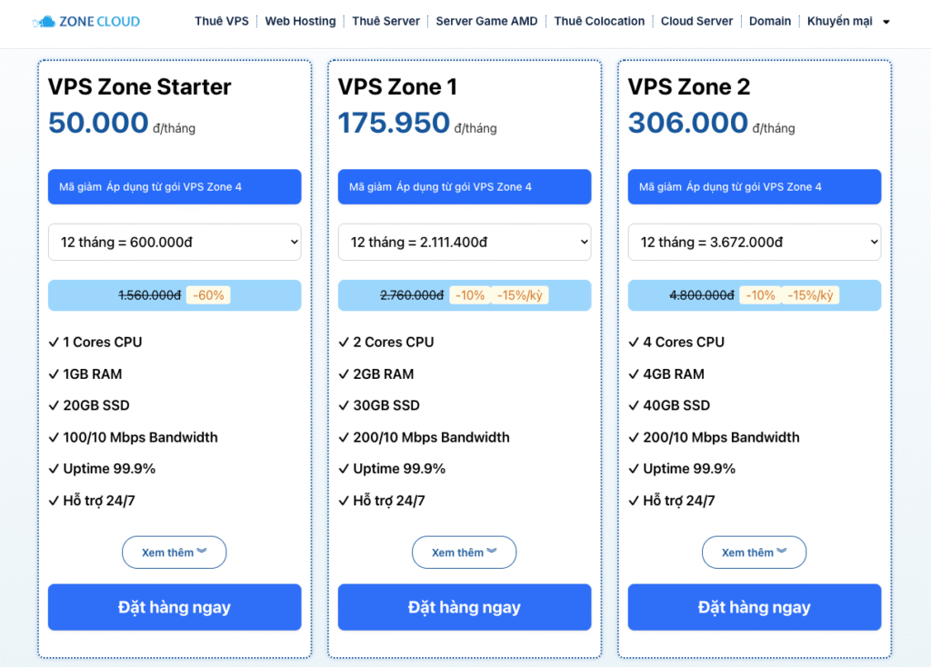(Review) Đánh giá ZoneCloud: Hosting và VPS có tốt không? 3 VPS của ZoneCloud được đánh giá tích cực về hiệu suất cao, độ ổn định, khả năng mở rộng linh hoạt, và hỗ trợ kỹ thuật chuyên nghiệp 24/7, sử dụng hạ tầng SSD tốc độ cao tại các trung tâm dữ liệu Tier 3 ở Việt Nam, cùng với các gói dịch vụ giá cả hợp lý, phù hợp cho nhiều loại ứng dụng như website, game server và hệ thống AI.