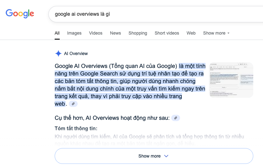 Google AI Overviews (Tổng quan AI của Google) là một tính năng trên Google Search sử dụng trí tuệ nhân tạo để tạo ra các bản tóm tắt thông tin, giúp người dùng nhanh chóng nắm bắt nội dung chính của một truy vấn tìm kiếm ngay trên trang kết quả, thay vì phải truy cập vào nhiều trang web.