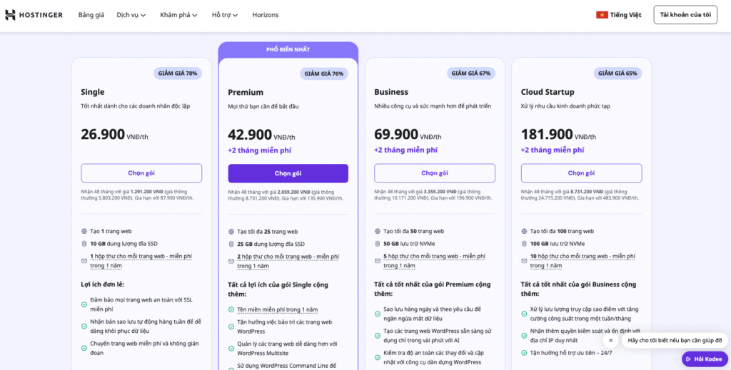 Hostinger là một nhà cung cấp dịch vụ hosting được nhiều người đánh giá cao, đặc biệt là với người mới bắt đầu và các dự án nhỏ. Hostinger nổi bật với giá cả phải chăng, tốc độ ổn định và giao diện dễ sử dụng. Tuy nhiên, một số người dùng có thể cần cân nhắc về hỗ trợ kỹ thuật bằng tiếng Việt hoặc hóa đơn VAT cho doanh nghiệp.