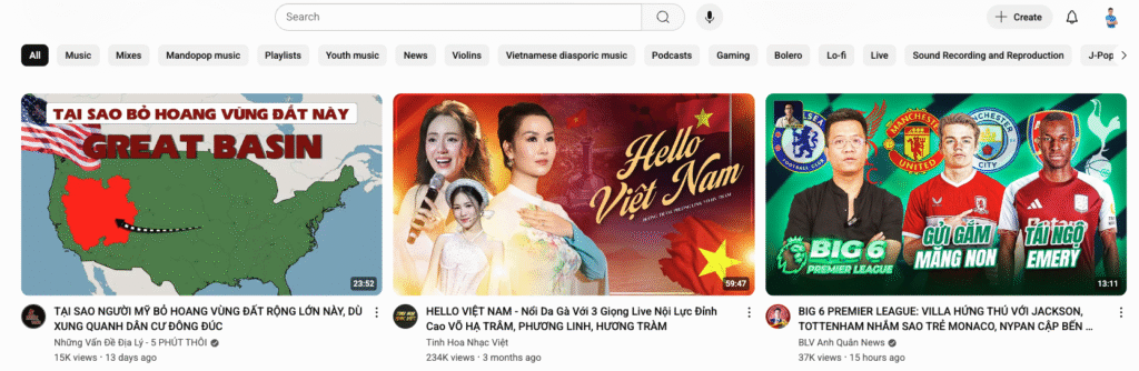 Mình thường xuyên xem lịch sử, địa lý, nghe nhạc và xem bóng đá nên khi vào Youtube luôn được đề xuất như vậy.