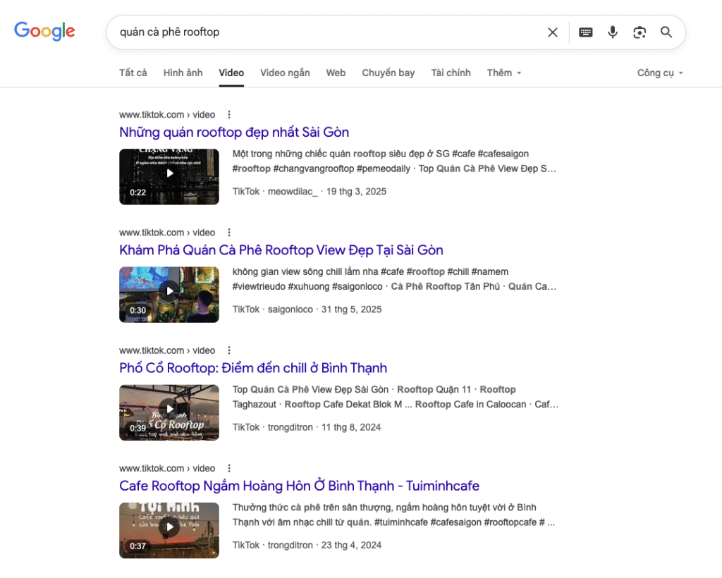 SEO cho Tiktok: Cách xếp hạng video trên Tiktok 2 Các video Tiktok đã được Google index và đề xuất ở SERPs