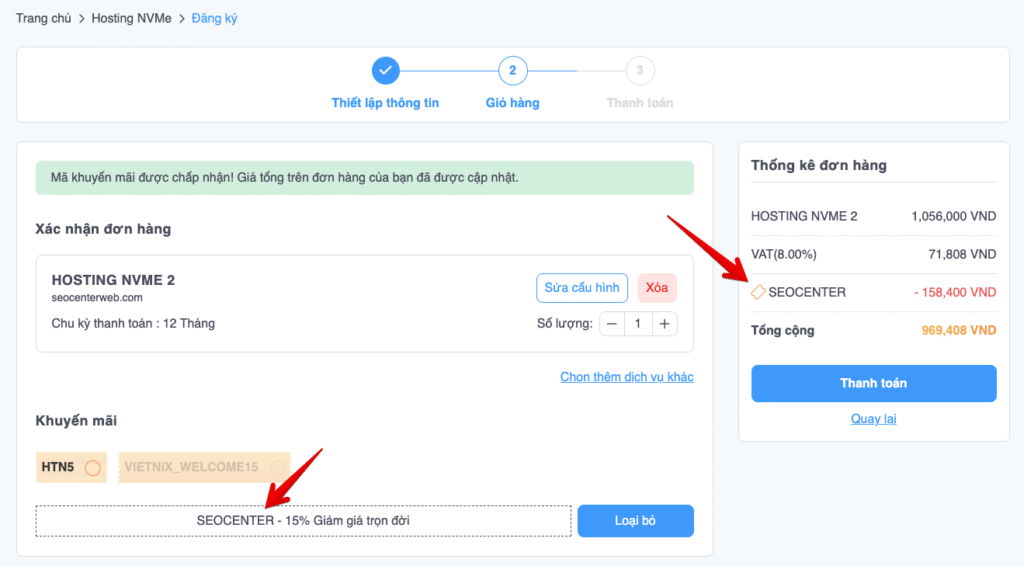 Cách mua hosting và tên miền giá rẻ, uy tín 2025 5 Bước 3: Nhập mã giảm giá