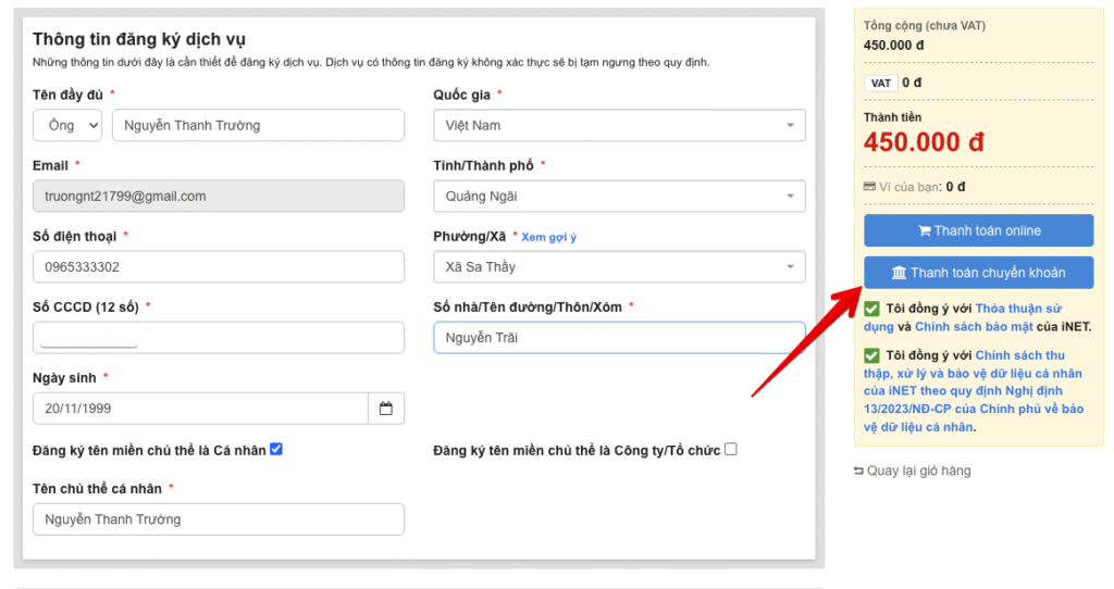 Cách mua hosting và tên miền giá rẻ, uy tín 2025 11 Bước 4: Điền đầy đủ thông tin và thanh toán