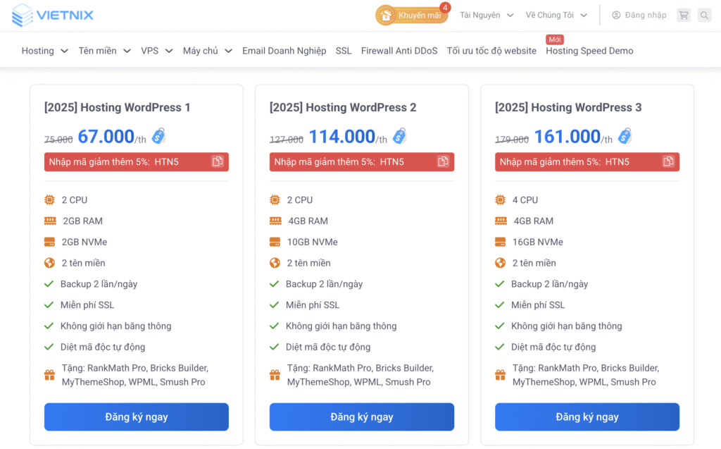Hosting WordPress tại Vietnix nhận được đánh giá cao về tốc độ, ổn định và tính năng bảo mật, đặc biệt phù hợp cho website có lượng truy cập tập trung ở Việt Nam. Nền tảng sử dụng công nghệ LiteSpeed Enterprise và ổ cứng SSD/NVMe mang lại hiệu suất cao, trong khi các tính năng như tự động diệt mã độc Imunify360 và chống DDoS tăng cường an ninh. Bên cạnh đó, Vietnix còn cung cấp bộ theme & plugin bản quyền miễn phí, hỗ trợ 24/7 qua nhiều kênh, và có nhiều gói giá đa dạng, bao gồm cả hosting giá rẻ.