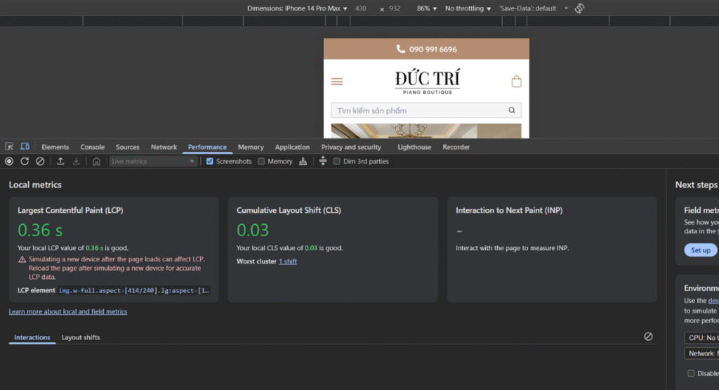 Kiểm tra CLS bằng Google Chrome DevTools