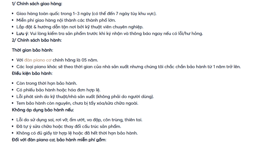 Thông tin chi tiết về chính sách mua hàng, giao hàng