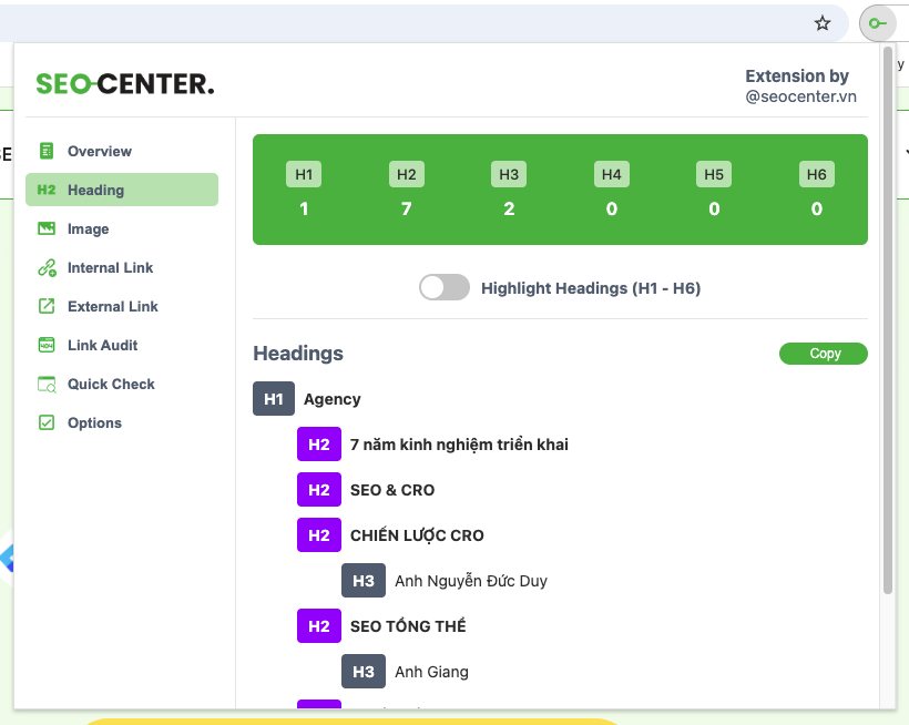 SEO Center Extension - Tiện ích nhỏ, sức mạnh lớn 3 Đây là công cụ quan trọng khi audit content hoặc tối ưu cấu trúc nội dung.