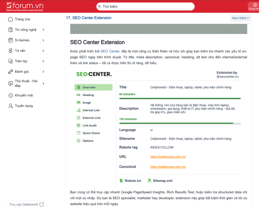 SEO Center Extension - Tiện ích nhỏ, sức mạnh lớn 1 Extension của SEO Center được CellphoneS (một trong những website top ngành điện thoại) giới thiệu