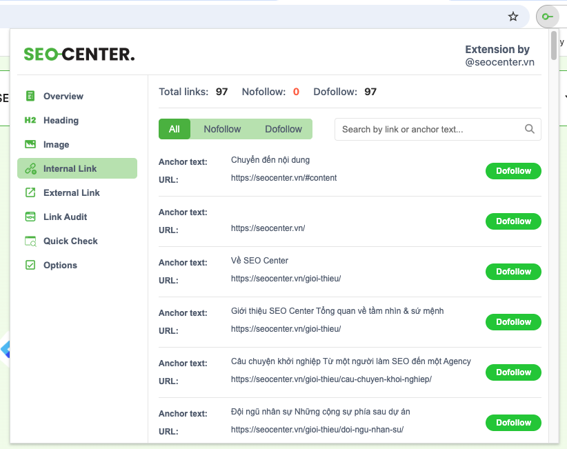 SEO Center Extension - Tiện ích nhỏ, sức mạnh lớn 5 Kiểm tra các internal link và nofollow, dofollow của link
