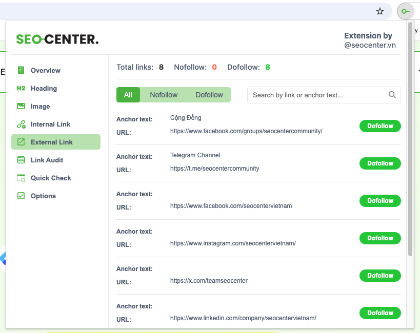 SEO Center Extension - Tiện ích nhỏ, sức mạnh lớn 6 Kiểm tra các external link và nofollow, dofollow của link