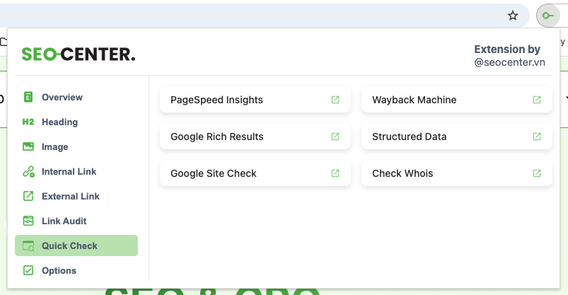 SEO Center Extension - Tiện ích nhỏ, sức mạnh lớn 8 Tính năng giúp bạn kiểm tra nhanh PageSpeed, Wayback, Google Tools,...