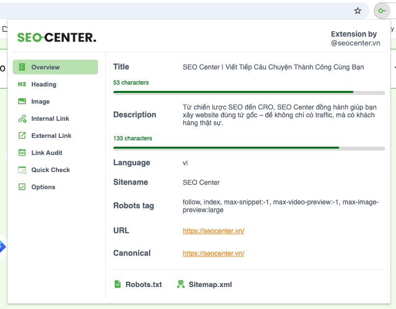 SEO Center Extension - Tiện ích nhỏ, sức mạnh lớn 2 Đây là bước đầu tiên để bạn xác định website đã chuẩn SEO cơ bản chưa.