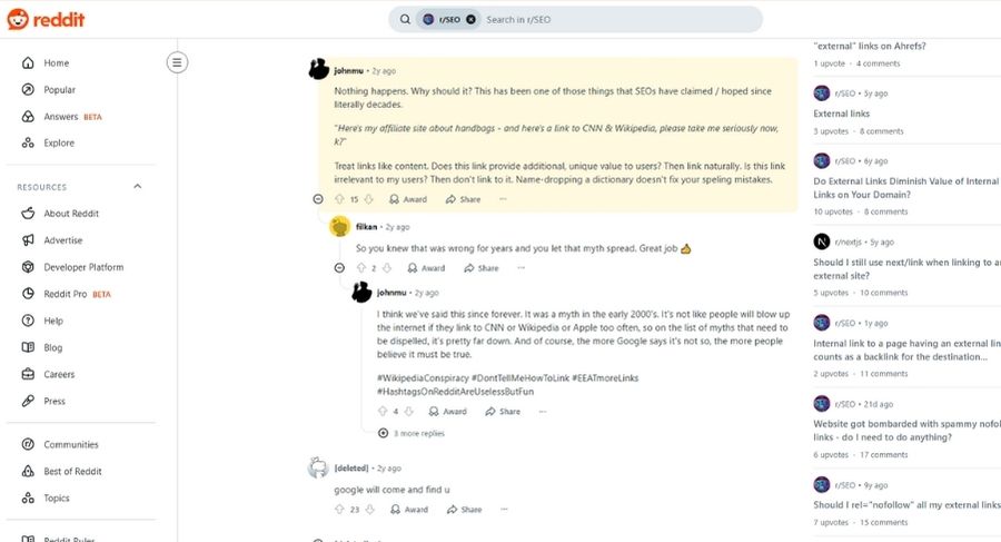 Bài chia sẻ của John Mueller về External Link trên Reddit