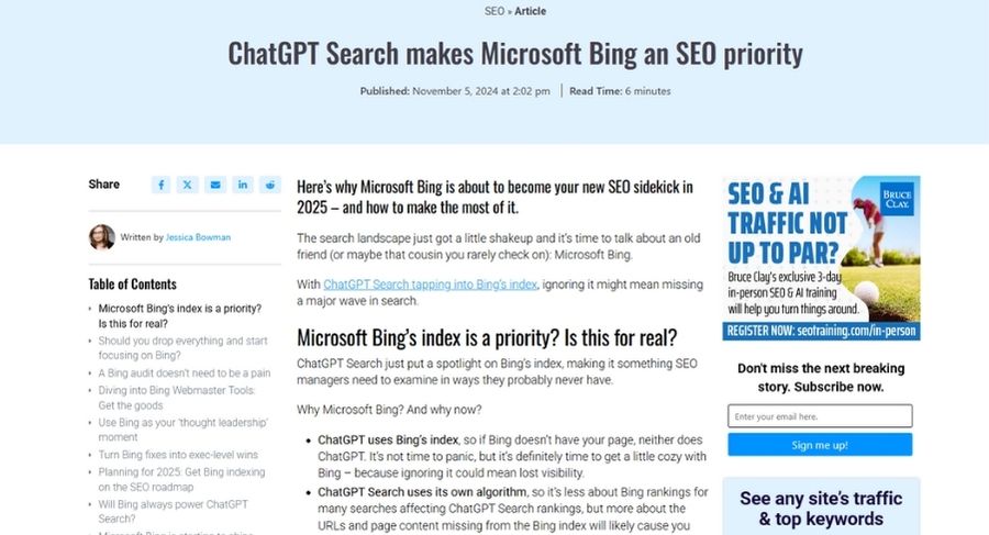 Bài viết cuả Search Engine Land nói về việc ChatGPT Search đang lấy dữ liệu từ Bing