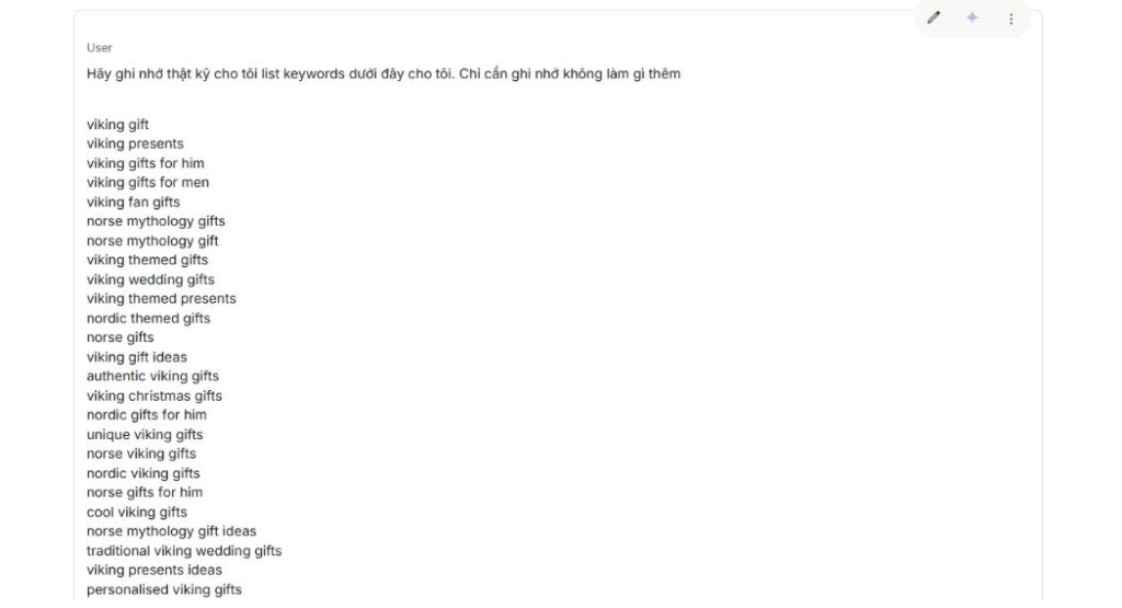 Bước 1 Bảo AI ghi nhớ List Keywords hiện có