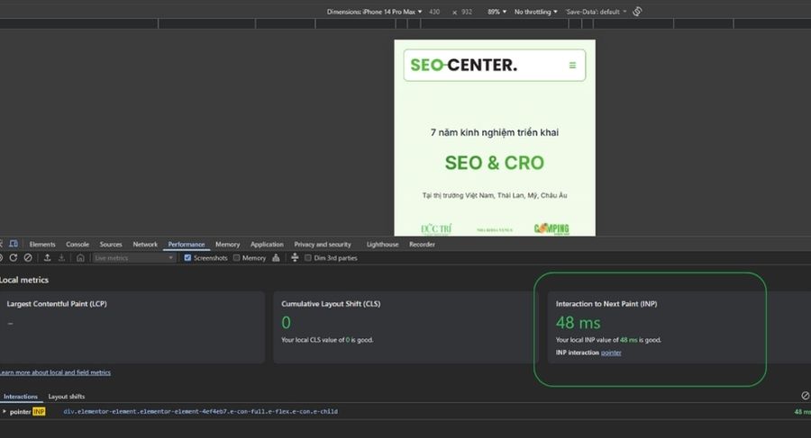 Chỉ số INP được ghi nhận khi xem ở chế độ dev tool