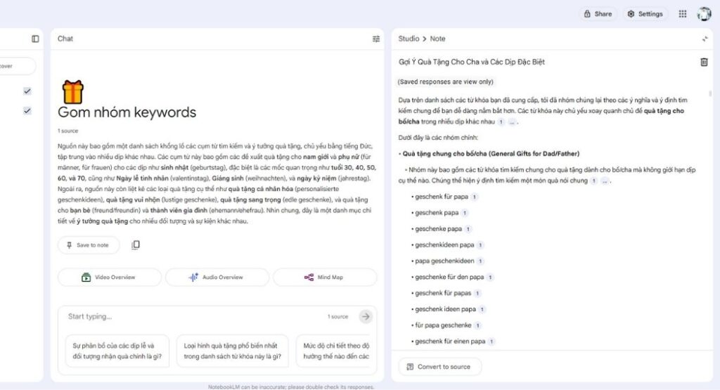 Kết quả gom nhóm từ khóa bằng Notebook LM