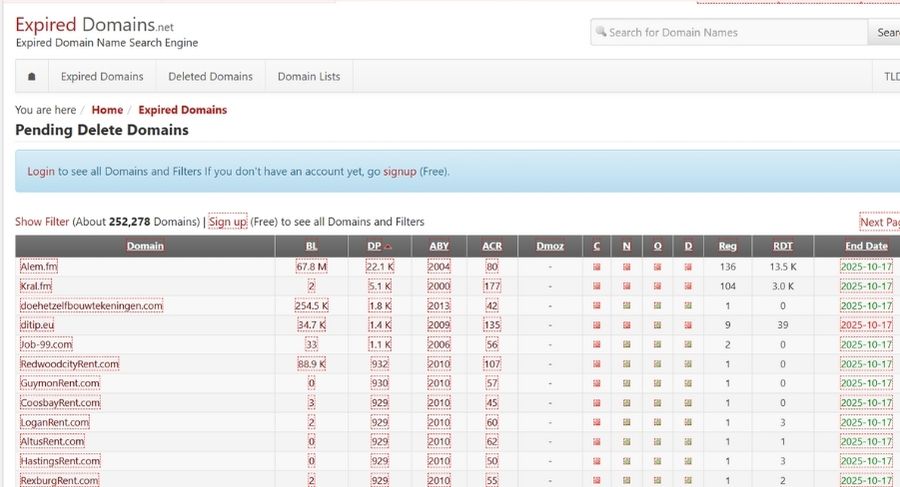 Tìm kiếm tên miền sắp hết hạn trên ExpiredDomains.net