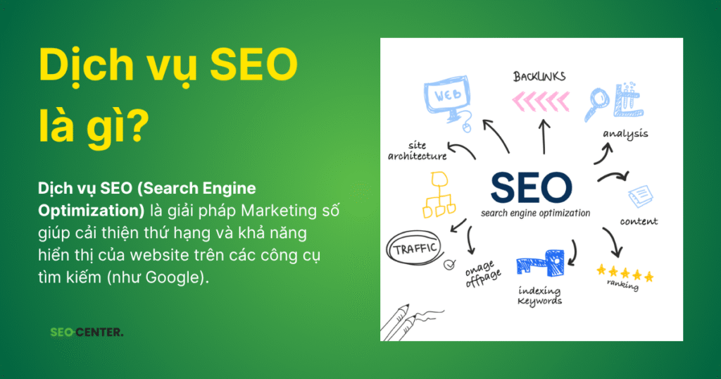 Dịch vụ SEO tổng thể website uy tín 5 Dịch vụ SEO (Search Engine Optimization) là giải pháp Marketing số giúp cải thiện thứ hạng và khả năng hiển thị của website trên các công cụ tìm kiếm (như Google).