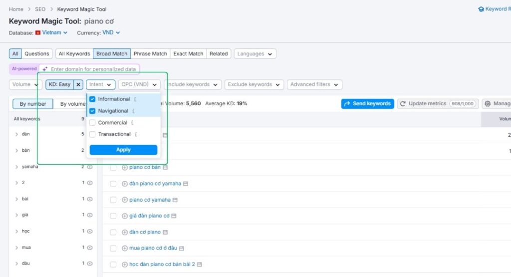 Bước 4: Phân loại từ khóa theo Search Intent và Keyword Difficulty
