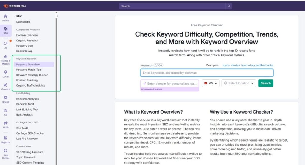 Các tính năng nghiên cứu từ khóa quan trọng của Semrush