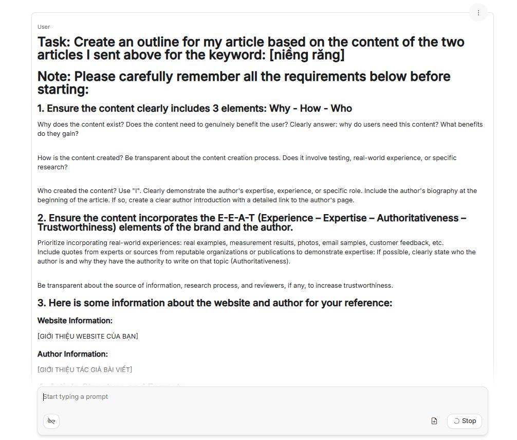 Bước 6: AI Lên Outline cho bài viết theo những thông tin đã được học