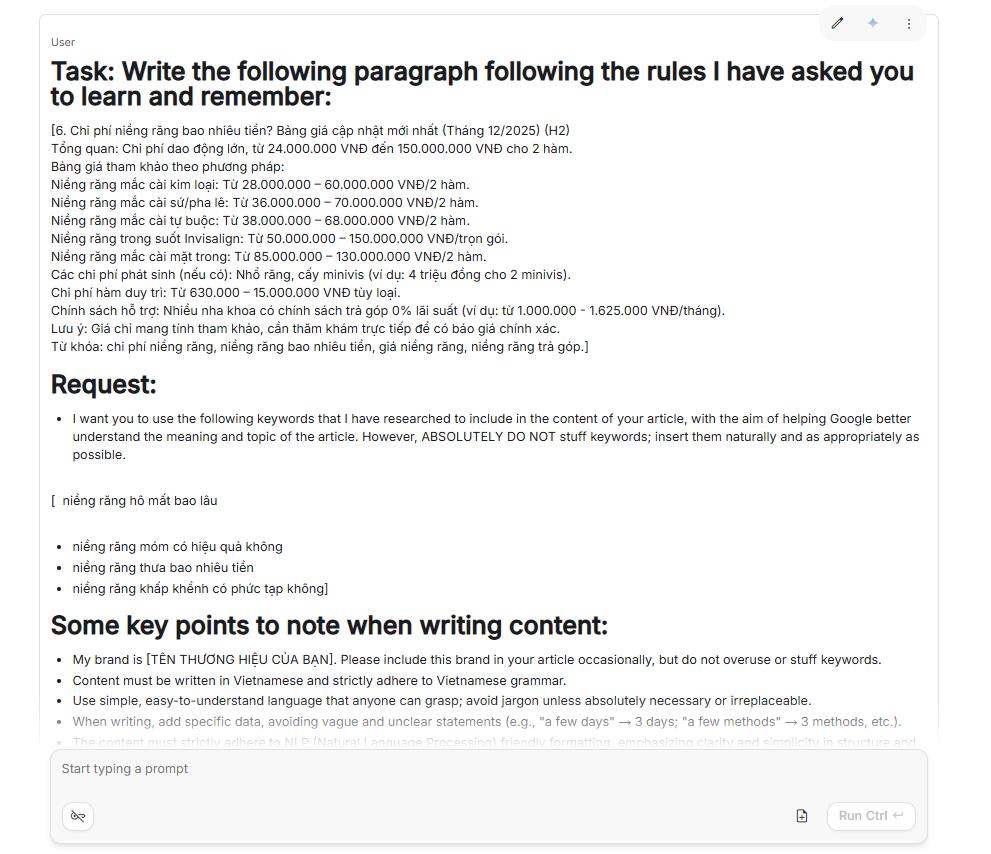 Bước 7: AI viết Content theo từng thẻ heading của Outline