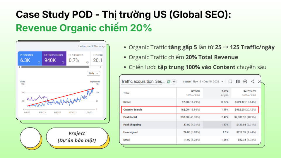 Case Study POD - Thị trường US (Global SEO) Revenue Organic chiếm 20%