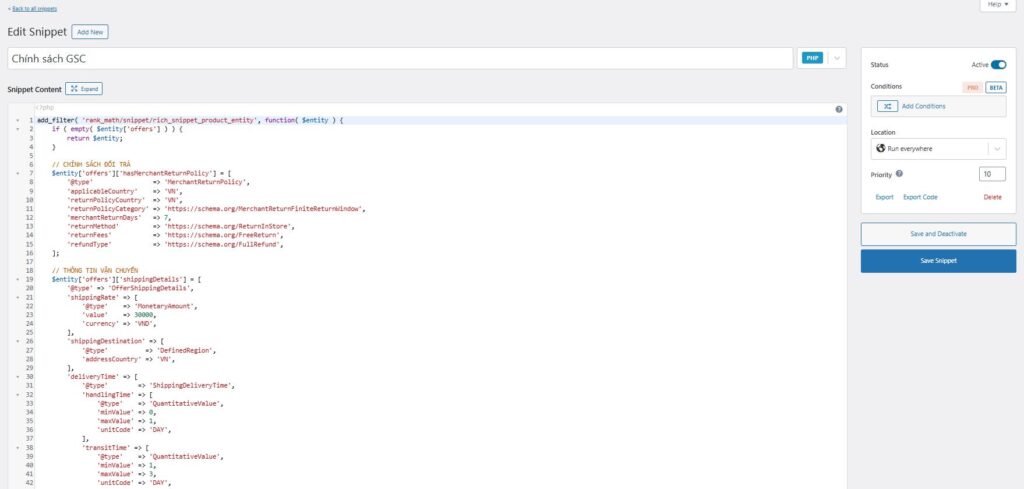 Đặt tên cho Snippet và Chèn đoạn code dưới đây vào phần Snippet Content và nhấn Save & Active