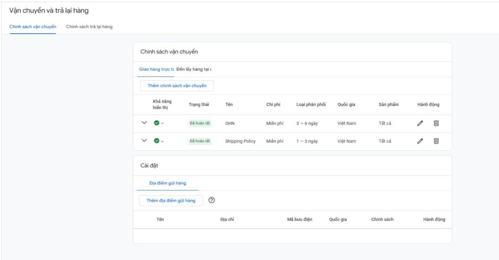 Khai báo chính sách vận chuyển trong Google Merchant Center